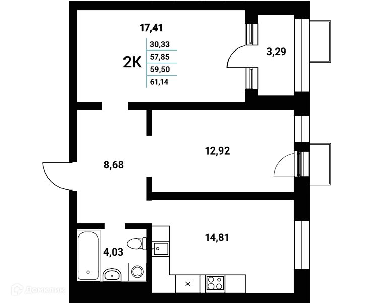 Планировка 2-комнатной квартиры 59.5 м² в ЖК Z-town (Зет-таун), г. Воронеж — фото 1