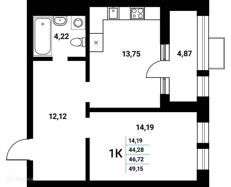 Планировка 1-комнатной квартиры 46.72 м² в ЖК Z-town (Зет-таун), г. Воронеж — фото 2