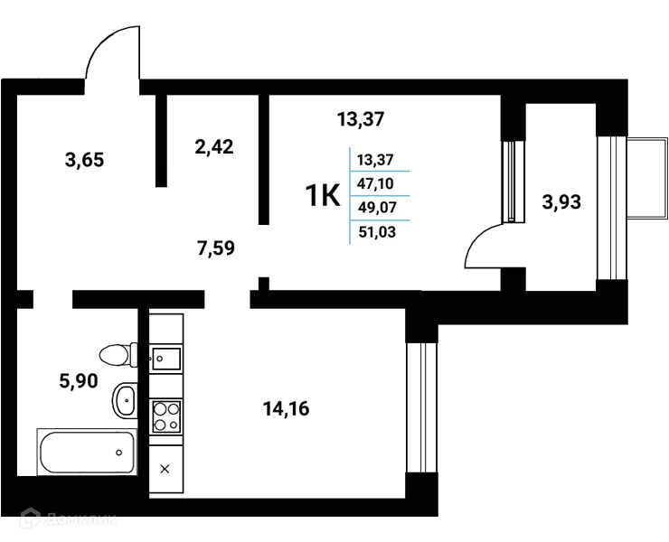 Планировка 1-комнатной квартиры 49.06 м² в ЖК Z-town (Зет-таун), г. Воронеж — фото 1