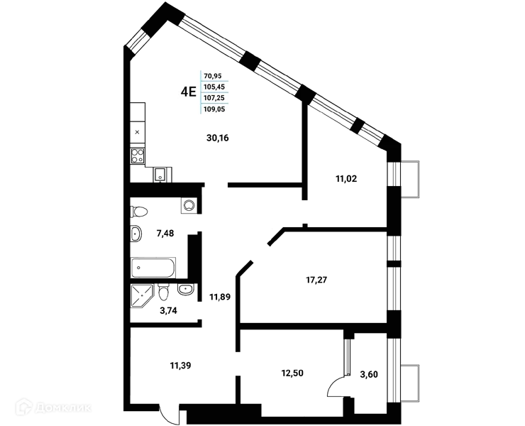 Планировка 4-комнатной квартиры 107.25 м² в ЖК Z-town (Зет-таун), г. Воронеж — фото 1
