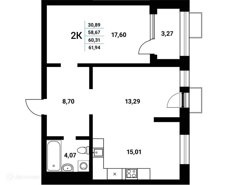 Планировка 2-комнатной квартиры 60.31 м² в ЖК Z-town (Зет-таун), г. Воронеж — фото 1