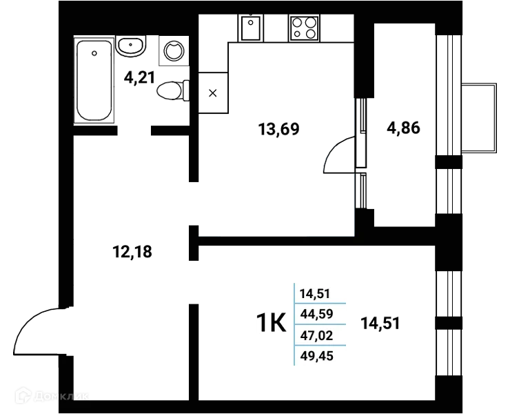 Планировка 1-комнатной квартиры 47.02 м² в ЖК Z-town (Зет-таун), г. Воронеж — фото 1