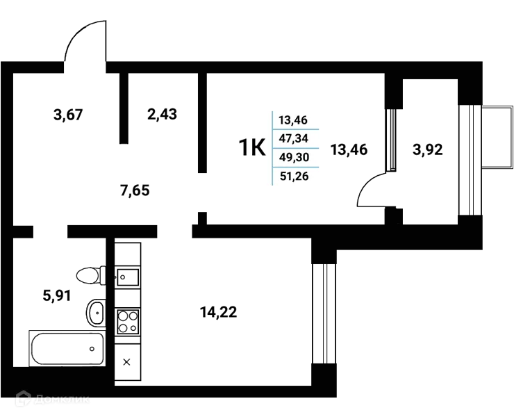 Планировка 1-комнатной квартиры 49.3 м² в ЖК Z-town (Зет-таун), г. Воронеж — фото 2