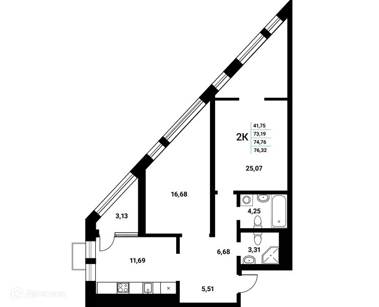 Планировка 2-комнатной квартиры 74.76 м² в ЖК Z-town (Зет-таун), г. Воронеж — фото 2