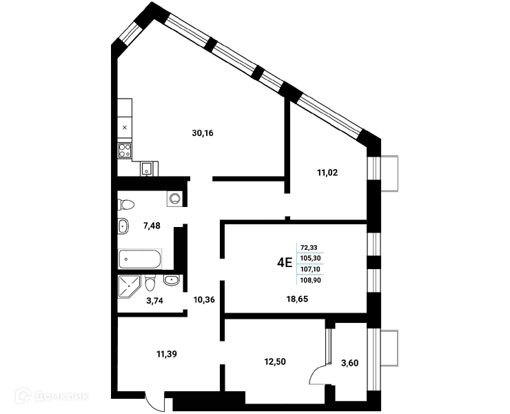 Планировка 4-комнатной квартиры 107.1 м² в ЖК Z-town (Зет-таун), г. Воронеж — фото 2