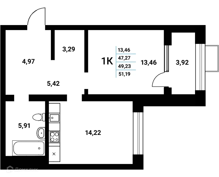 Планировка 1-комнатной квартиры 49.23 м² в ЖК Z-town (Зет-таун), г. Воронеж — фото 2