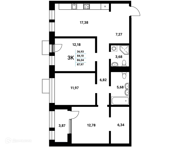 Планировка 3-комнатной квартиры 86.04 м² в ЖК Z-town (Зет-таун), г. Воронеж — фото 1