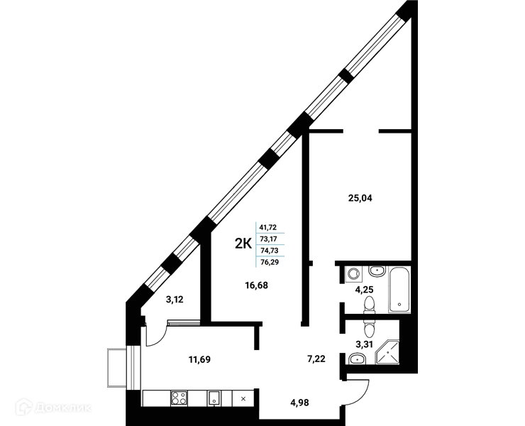 Планировка 2-комнатной квартиры 74.73 м² в ЖК Z-town (Зет-таун), г. Воронеж — фото 1