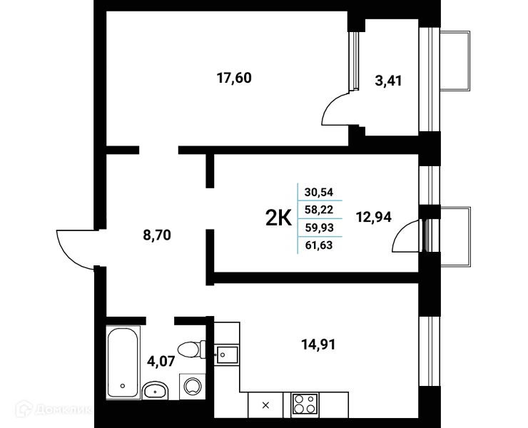 Планировка 2-комнатной квартиры 59.93 м² в ЖК Z-town (Зет-таун), г. Воронеж — фото 2