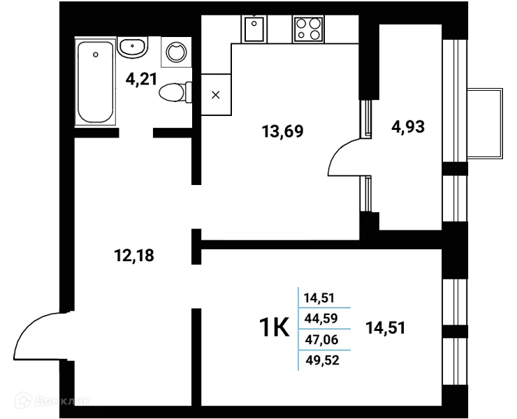 Планировка 1-комнатной квартиры 47.06 м² в ЖК Z-town (Зет-таун), г. Воронеж — фото 1