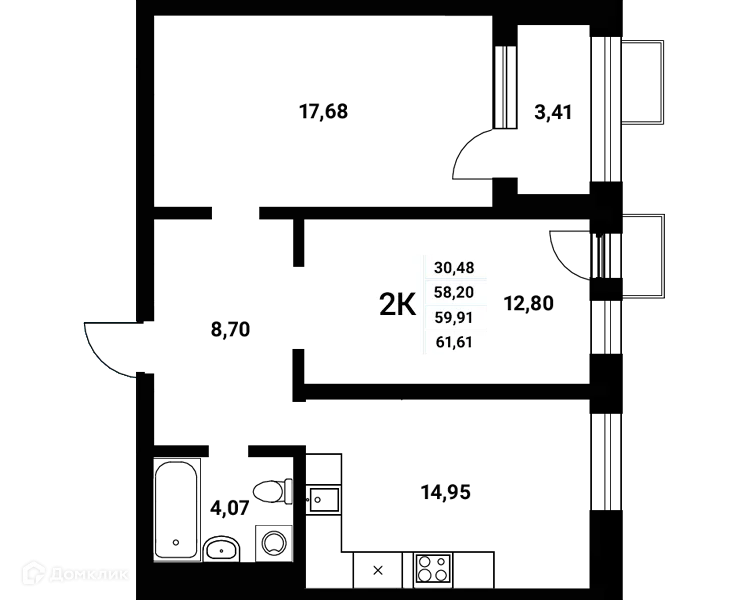 Планировка 2-комнатной квартиры 59.91 м² в ЖК Z-town (Зет-таун), г. Воронеж — фото 1
