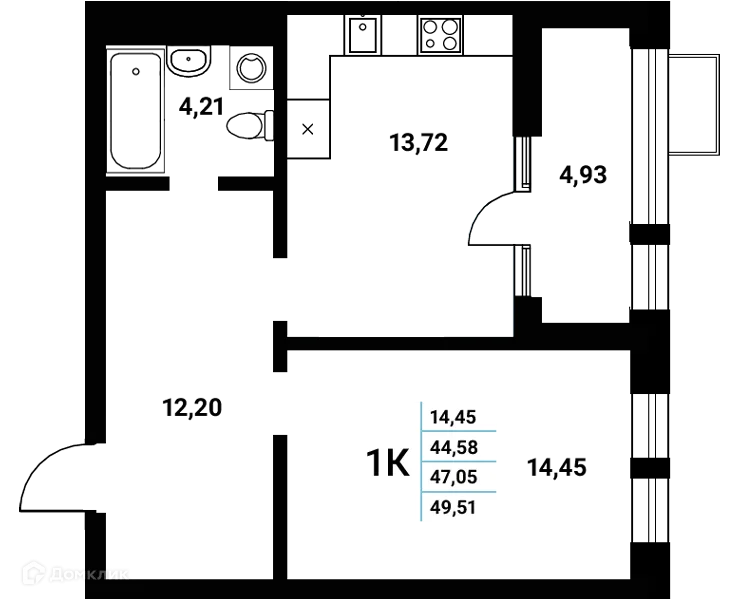 Планировка 1-комнатной квартиры 47.05 м² в ЖК Z-town (Зет-таун), г. Воронеж — фото 2