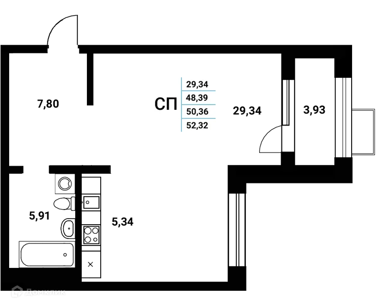 Планировка студии квартиры 50.36 м² в ЖК Z-town (Зет-таун), г. Воронеж — фото 2