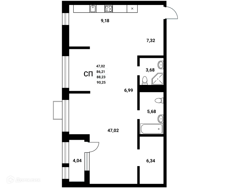 Планировка студии квартиры 88.23 м² в ЖК Z-town (Зет-таун), г. Воронеж — фото 2