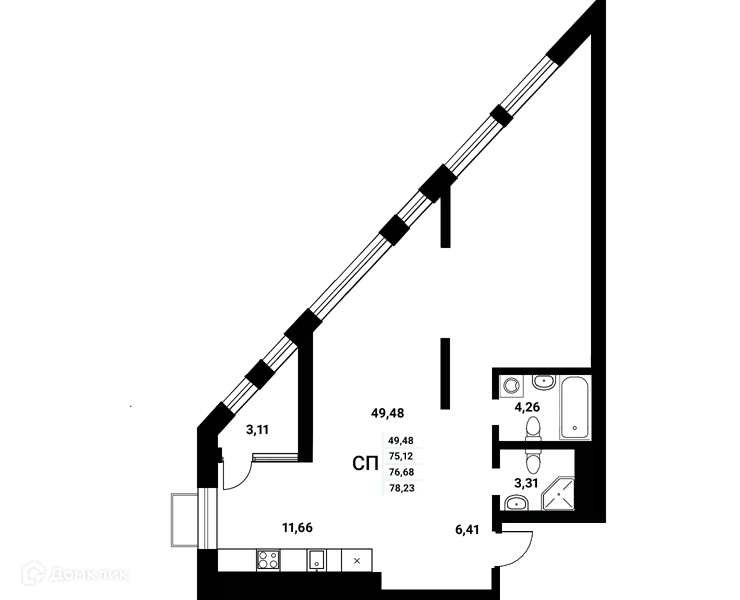 Планировка студии квартиры 76.68 м² в ЖК Z-town (Зет-таун), г. Воронеж — фото 2