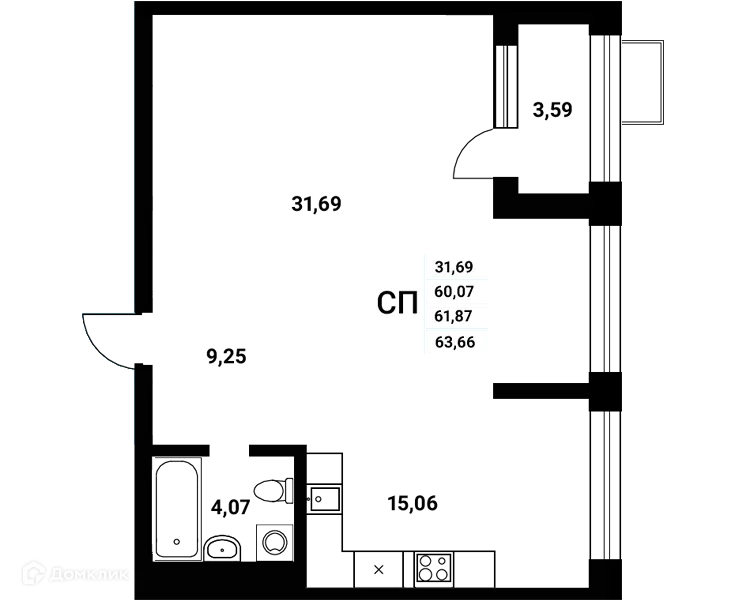 Планировка студии квартиры 61.87 м² в ЖК Z-town (Зет-таун), г. Воронеж — фото 2