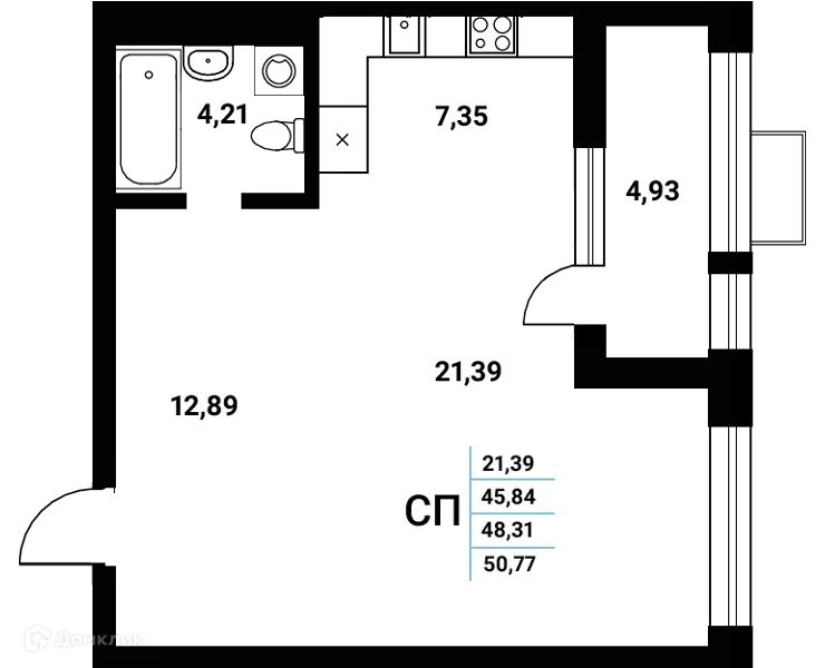 Планировка студии квартиры 48.31 м² в ЖК Z-town (Зет-таун), г. Воронеж — фото 2
