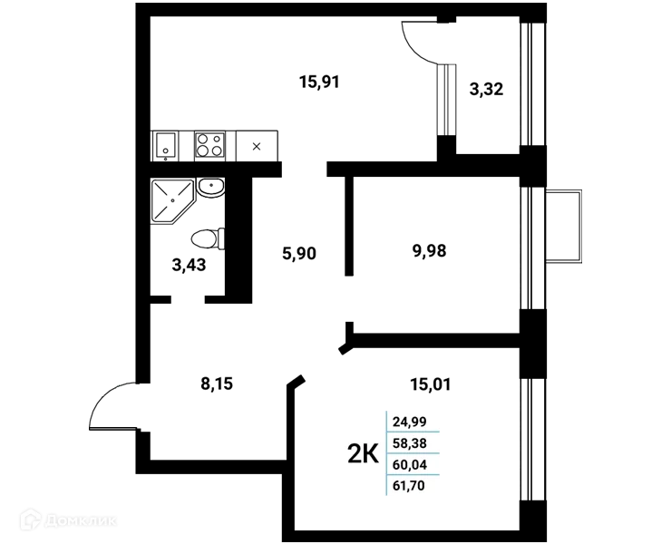 Планировка 2-комнатной квартиры 60.04 м² в ЖК Z-town (Зет-таун), г. Воронеж — фото 2