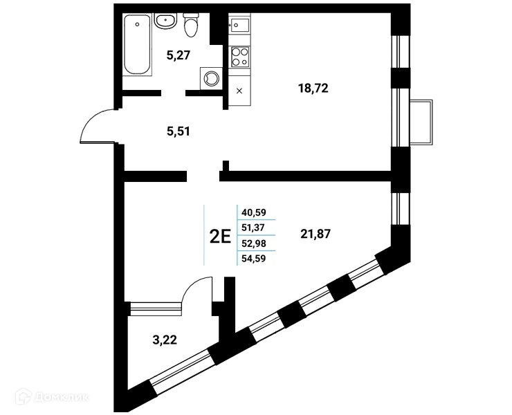 Планировка 2-комнатной квартиры 52.98 м² в ЖК Z-town (Зет-таун), г. Воронеж — фото 2
