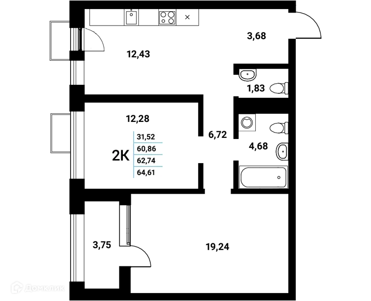 Планировка 2-комнатной квартиры 62.74 м² в ЖК Z-town (Зет-таун), г. Воронеж — фото 1