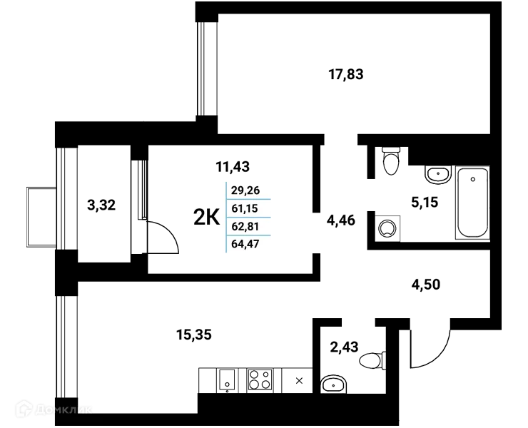 Планировка 2-комнатной квартиры 62.81 м² в ЖК Z-town (Зет-таун), г. Воронеж — фото 1