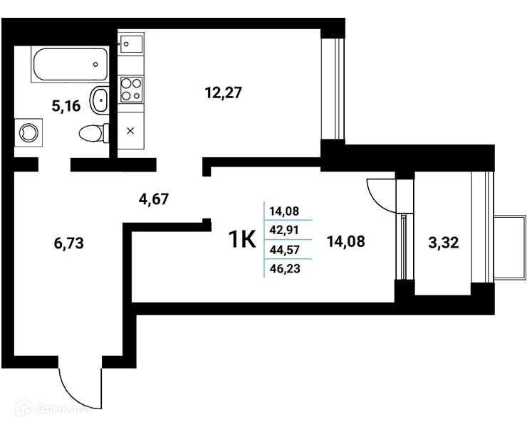 Планировка 1-комнатной квартиры 44.57 м² в ЖК Z-town (Зет-таун), г. Воронеж — фото 1