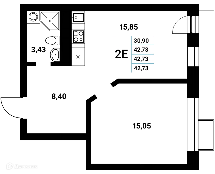 Планировка 2-комнатной квартиры 42.73 м² в ЖК Z-town (Зет-таун), г. Воронеж — фото 1