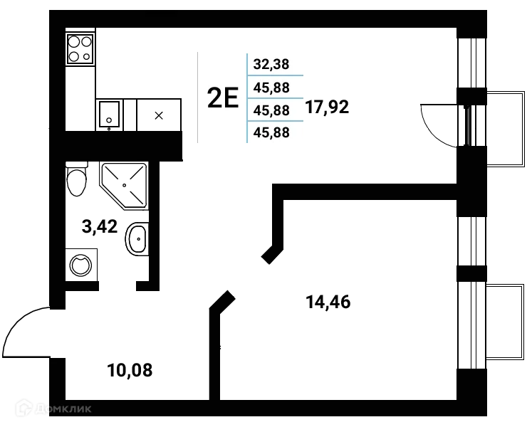 Планировка 2-комнатной квартиры 45.88 м² в ЖК Z-town (Зет-таун), г. Воронеж — фото 2