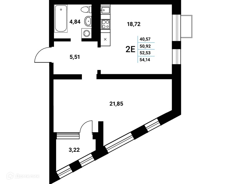Планировка 2-комнатной квартиры 52.53 м² в ЖК Z-town (Зет-таун), г. Воронеж — фото 1