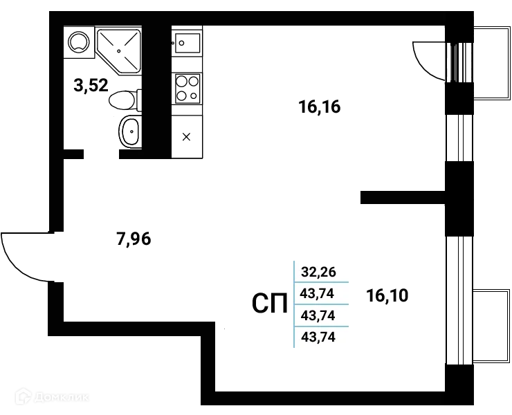 Планировка студии квартиры 43.74 м² в ЖК Z-town (Зет-таун), г. Воронеж — фото 2