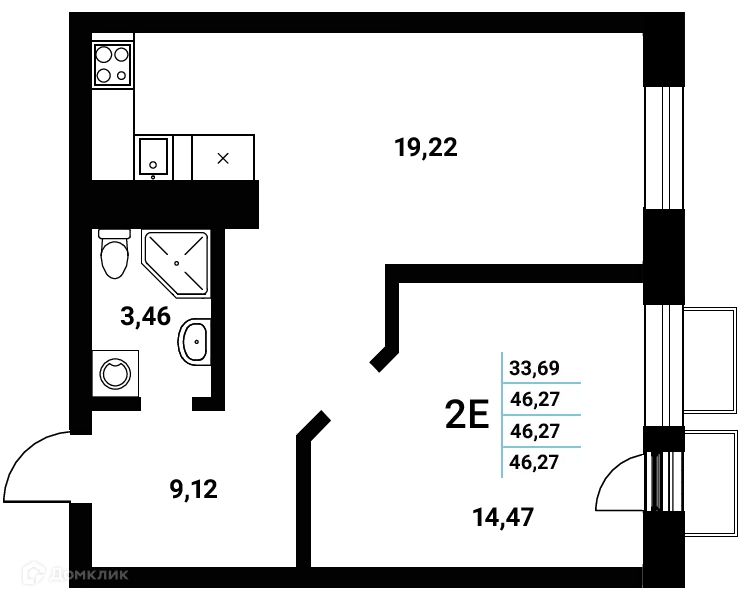 Планировка 2-комнатной квартиры 46.27 м² в ЖК Z-town (Зет-таун), г. Воронеж — фото 1