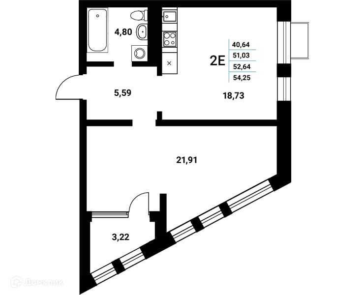 Планировка 2-комнатной квартиры 52.64 м² в ЖК Z-town (Зет-таун), г. Воронеж — фото 2