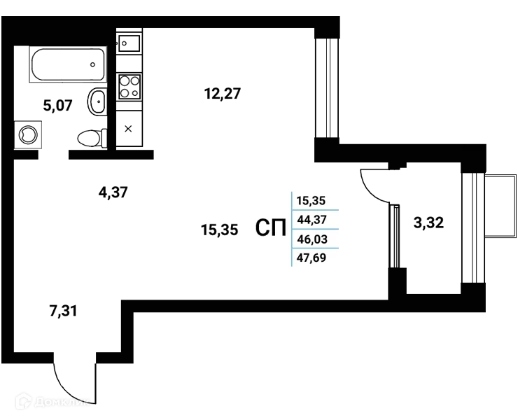 Планировка студии квартиры 46.03 м² в ЖК Z-town (Зет-таун), г. Воронеж — фото 1