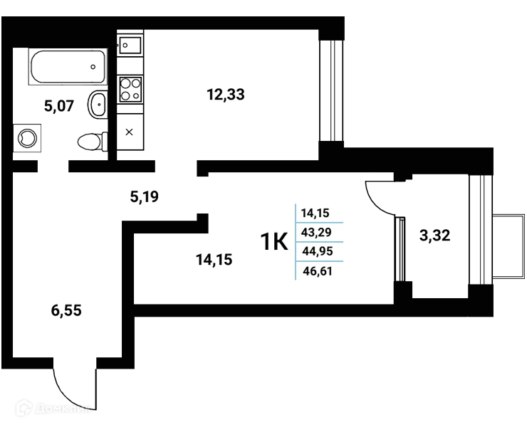 Планировка 1-комнатной квартиры 44.95 м² в ЖК Z-town (Зет-таун), г. Воронеж — фото 1