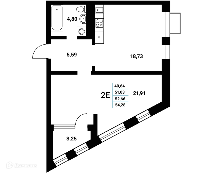 Планировка 2-комнатной квартиры 52.66 м² в ЖК Z-town (Зет-таун), г. Воронеж — фото 1