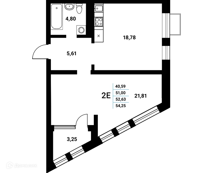 Планировка 2-комнатной квартиры 52.63 м² в ЖК Z-town (Зет-таун), г. Воронеж — фото 2