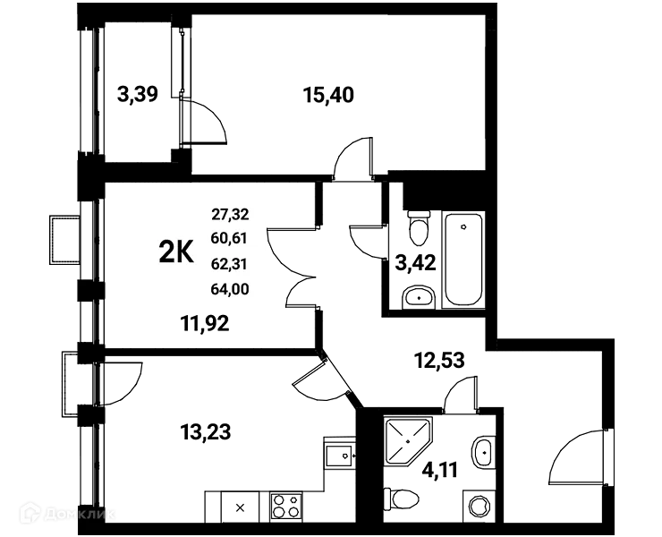 Планировка 2-комнатной квартиры 62.31 м² в ЖК Z-town (Зет-таун), г. Воронеж — фото 1