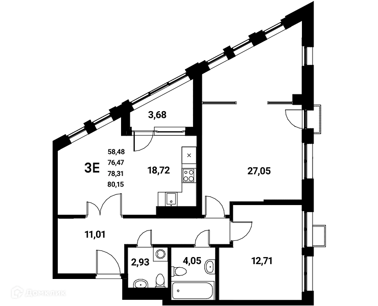Планировка 3-комнатной квартиры 78.31 м² в ЖК Z-town (Зет-таун), г. Воронеж — фото 1