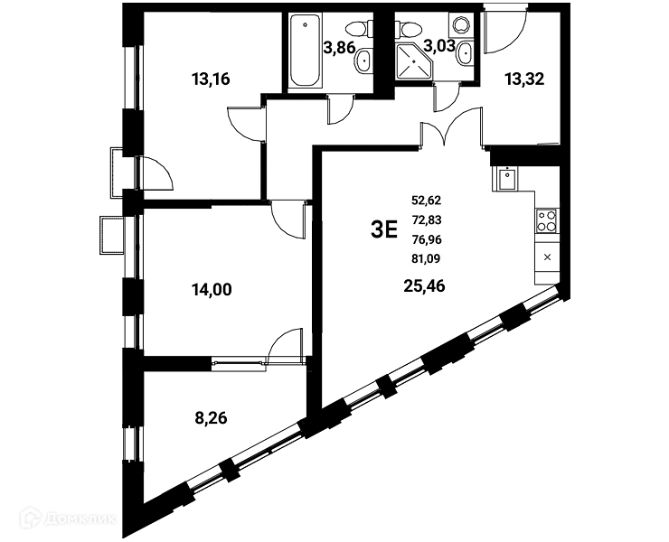 Планировка 3-комнатной квартиры 76.96 м² в ЖК Z-town (Зет-таун), г. Воронеж — фото 1