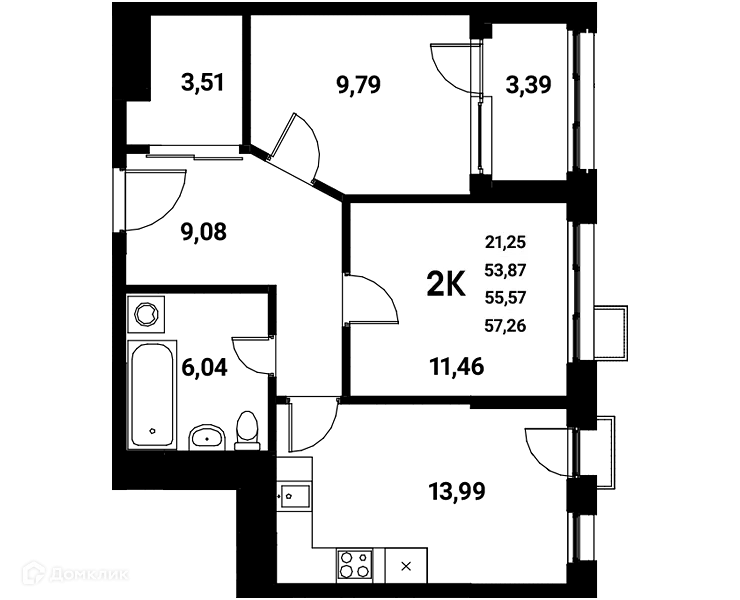 Планировка 2-комнатной квартиры 55.57 м² в ЖК Z-town (Зет-таун), г. Воронеж — фото 1