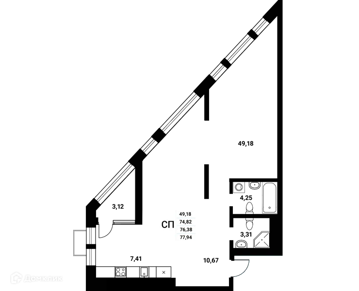 Планировка студии квартиры 76.38 м² в ЖК Z-town (Зет-таун), г. Воронеж — фото 1