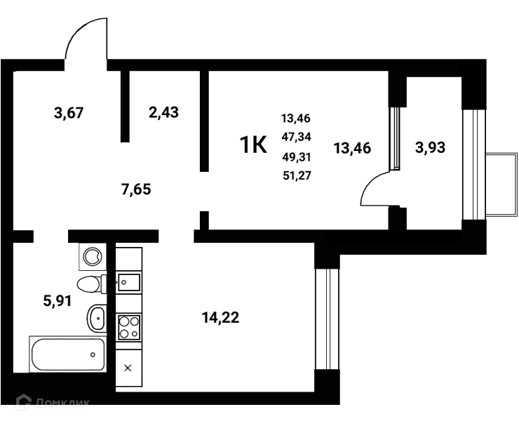 Планировка 1-комнатной квартиры 49.31 м² в ЖК Z-town (Зет-таун), г. Воронеж — фото 1