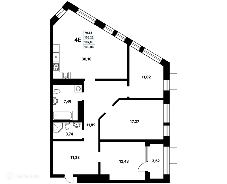 Планировка 4-комнатной квартиры 107.03 м² в ЖК Z-town (Зет-таун), г. Воронеж — фото 1