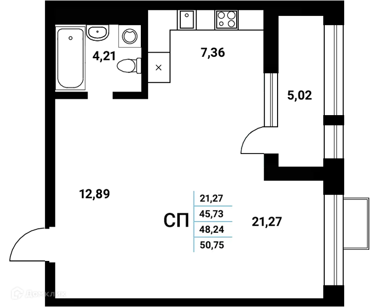 Планировка студии квартиры 48.24 м² в ЖК Z-town (Зет-таун), г. Воронеж — фото 1