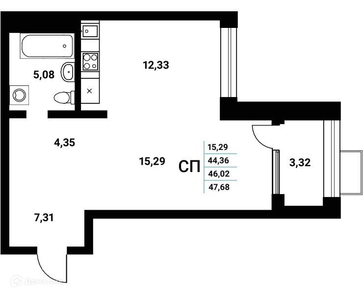 Планировка студии квартиры 46.02 м² в ЖК Z-town (Зет-таун), г. Воронеж — фото 1