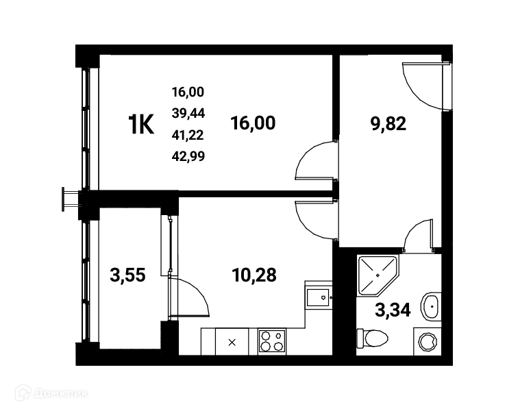 Планировка 1-комнатной квартиры 41.22 м² в ЖК Z-town (Зет-таун), г. Воронеж — фото 1