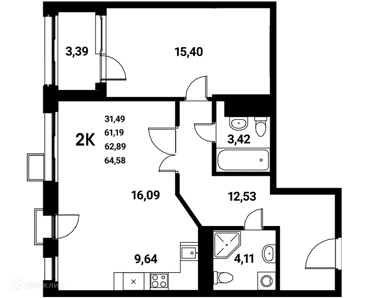 Планировка 2-комнатной квартиры 62.89 м² в ЖК Z-town (Зет-таун), г. Воронеж — фото 1