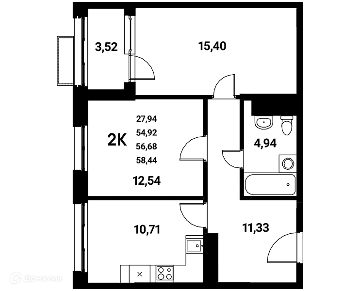 Планировка 2-комнатной квартиры 56.68 м² в ЖК Z-town (Зет-таун), г. Воронеж — фото 1