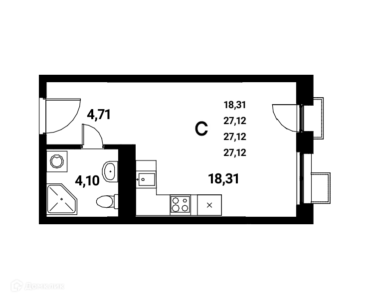 Планировка студии квартиры 27.12 м² в ЖК Z-town (Зет-таун), г. Воронеж — фото 1