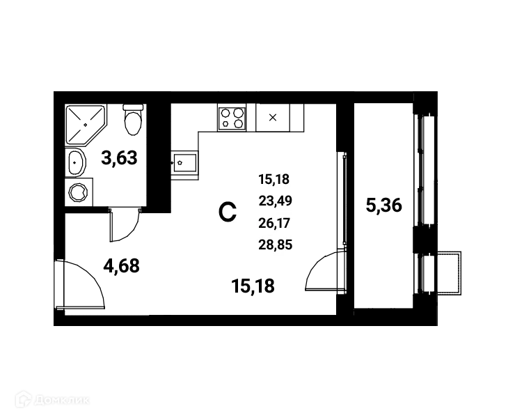 Планировка студии квартиры 26.17 м² в ЖК Z-town (Зет-таун), г. Воронеж — фото 1